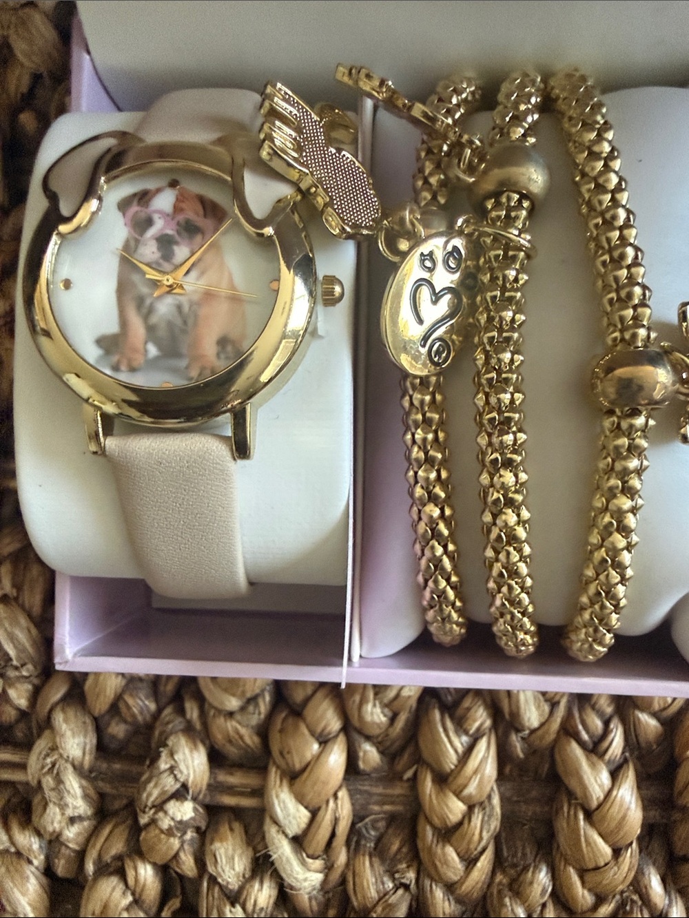 Women’s Gold-Tone Watch with Beige Strap and Puppy Dial